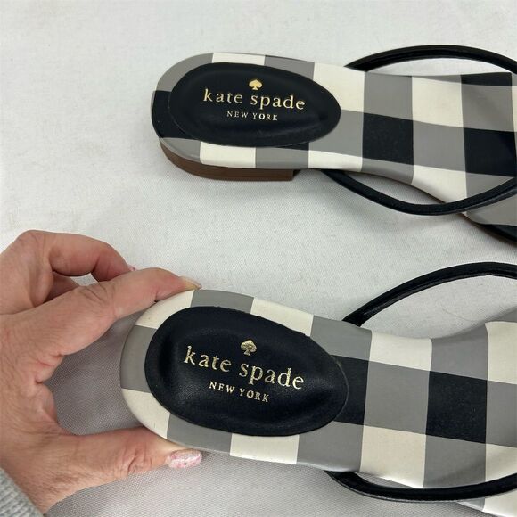 Kate Spade NY Black Gingham Check Bow Strappy Sandals Leather Women's 8.5 - Picture 2 of 6